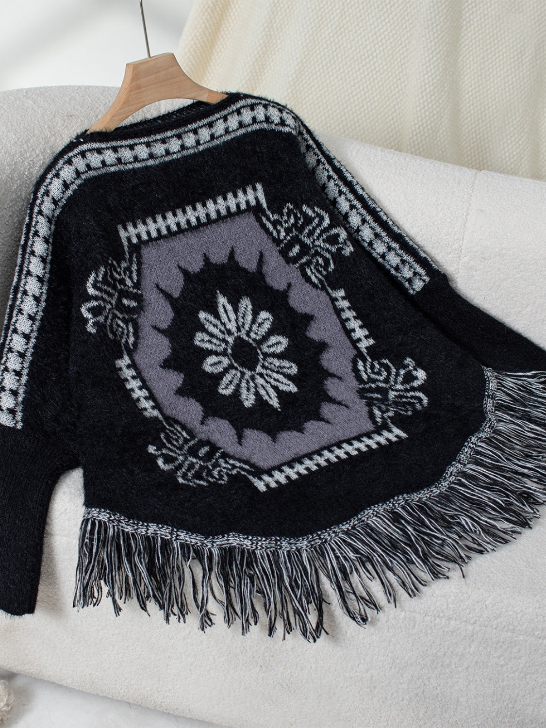 Fringe Geometric Long Sleeve Poncho