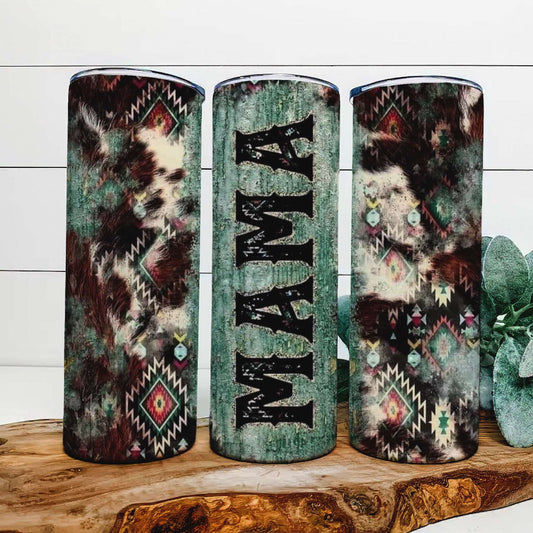 Cowhide Mama Tumbler Aztec Print 20 oz Skinny Tumbler, Rustic Teal Wood Mom Tumbler