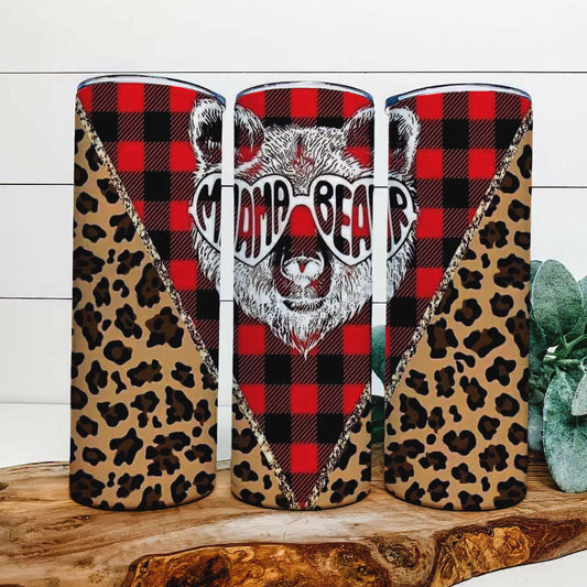 Mama Bear Plaid and Cheetah 20 oz Skinny Straight Tumbler