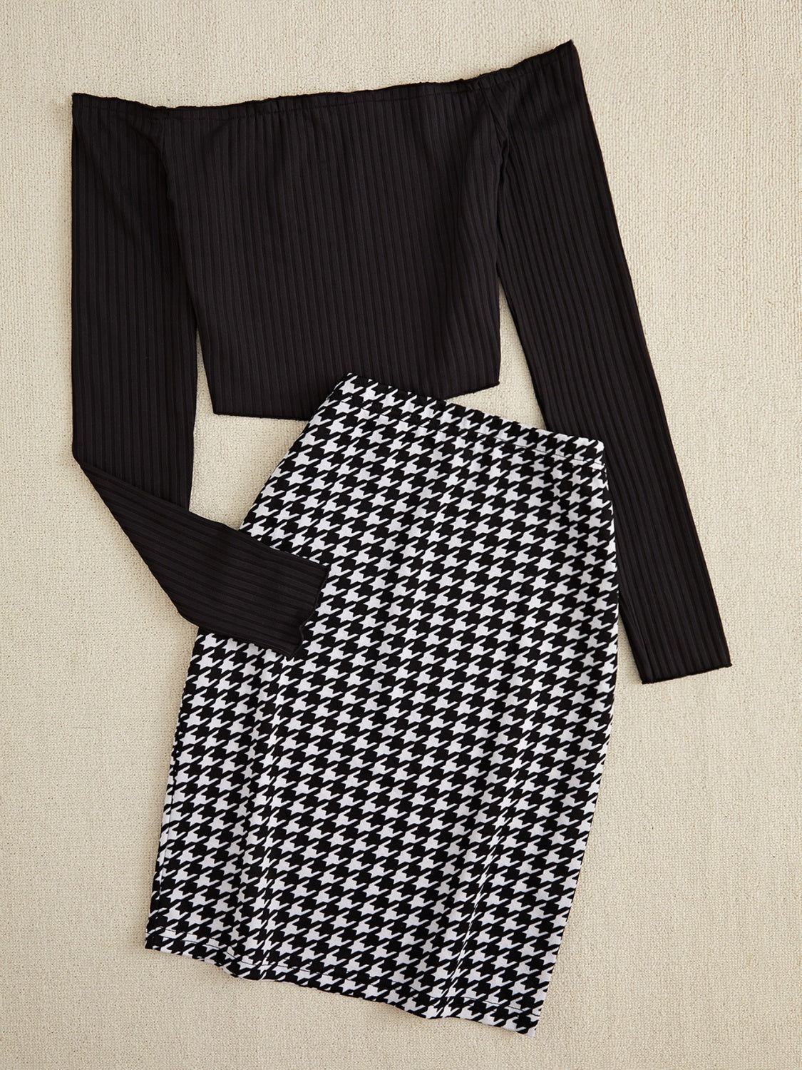 Off-Shoulder Long Sleeve Top and Houndstooth Skirt Set