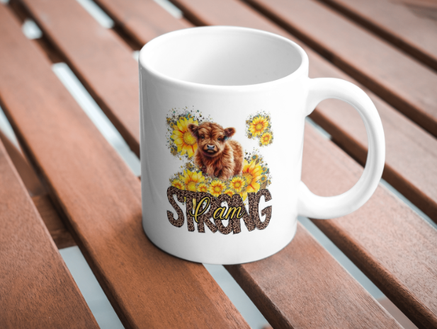 Sunflower Highland Cow, I am Strong Coffee Mug